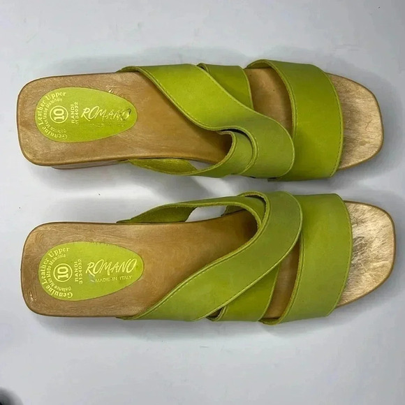 Romano Shoes - Romano Italy Y2K green Leather & Wooden block heels size 10